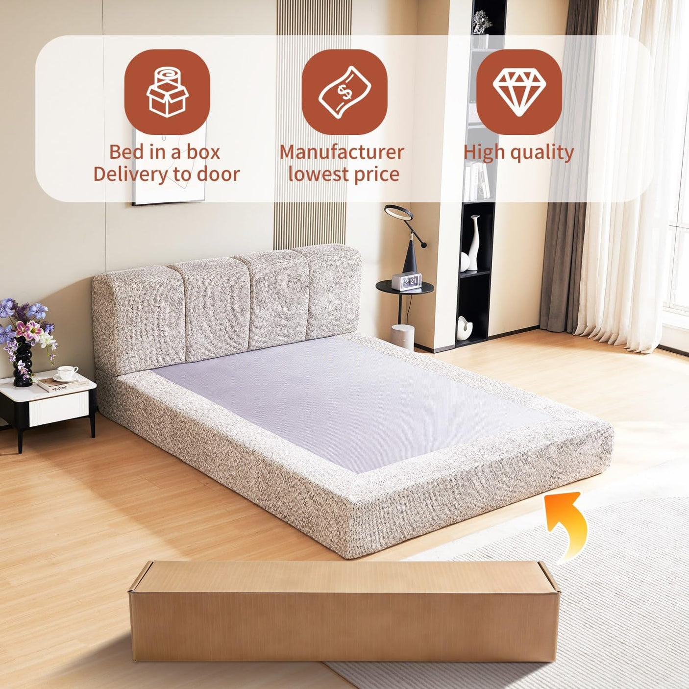 Cloud Bed Frame - Queen Upholstered Linen Platform Bed Frame, 1-Minute Tool-Free Setup, Modern Padded Headboard Mattress Foundation, Supportive Dual-Core Silent Bed Frame