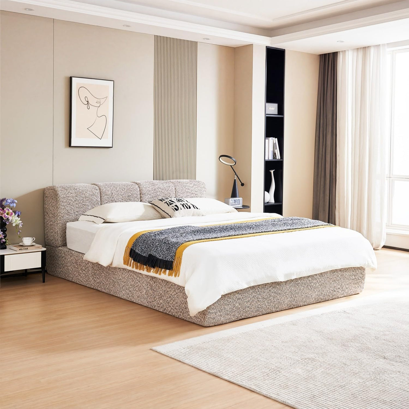 Cloud Bed Frame - Queen Upholstered Linen Platform Bed Frame, 1-Minute Tool-Free Setup, Modern Padded Headboard Mattress Foundation, Supportive Dual-Core Silent Bed Frame