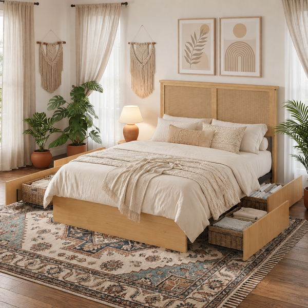Boho Natural Rattan Bed Frame with 4 Storage Drawers | Sturdy Metal Support