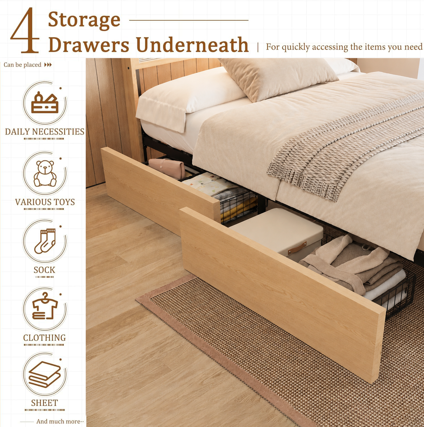Boho Natural Rattan Bed Frame with 4 Storage Drawers | Sturdy Metal Support