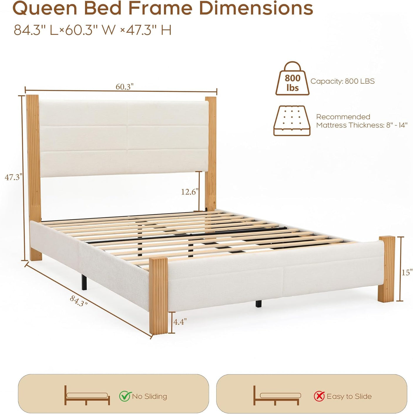 Yechen Upholstered Bed Frame with 47" Tall Headboard, Fluted Panel, Solid Pine Wood Legs, No Box Spring Needed, Off-White