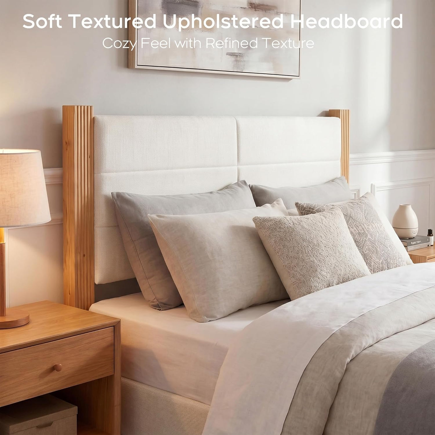 Yechen Upholstered Bed Frame with 47" Tall Headboard, Fluted Panel, Solid Pine Wood Legs, No Box Spring Needed, Off-White
