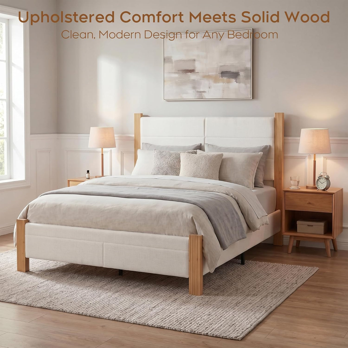 Yechen Upholstered Bed Frame with 47" Tall Headboard, Fluted Panel, Solid Pine Wood Legs, No Box Spring Needed, Off-White