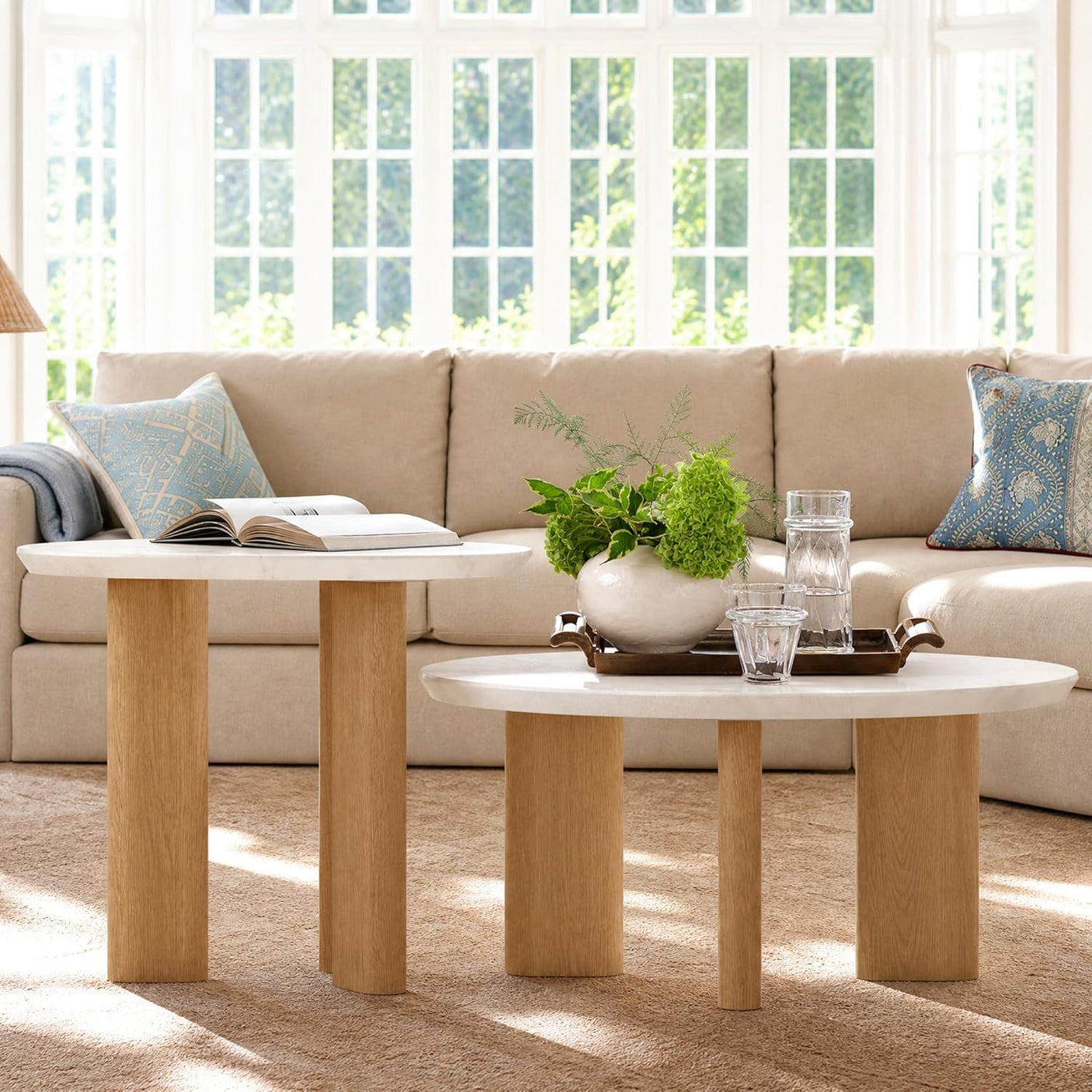 Nesting Coffee Table Set of 2 – Wood Veneer & Faux Marble | Round Mid Century Modern Center Table | Yechen Home