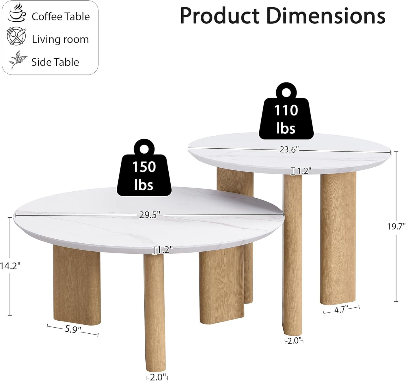 Nesting Coffee Table Set of 2 – Wood Veneer & Faux Marble | Round Mid Century Modern Center Table | Yechen Home