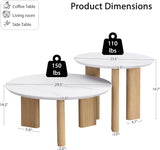 Nesting Coffee Table Set of 2 – Wood Veneer & Faux Marble | Round Mid Century Modern Center Table | Yechen Home