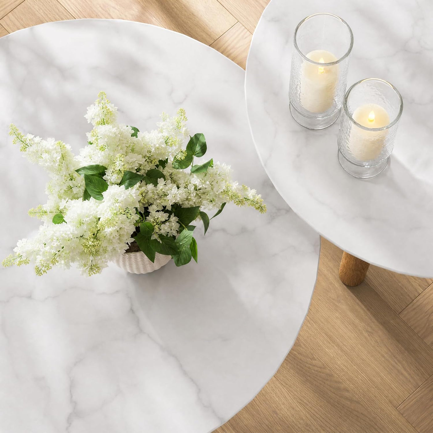 Nesting Coffee Table Set of 2 – Wood Veneer & Faux Marble | Round Mid Century Modern Center Table | Yechen Home