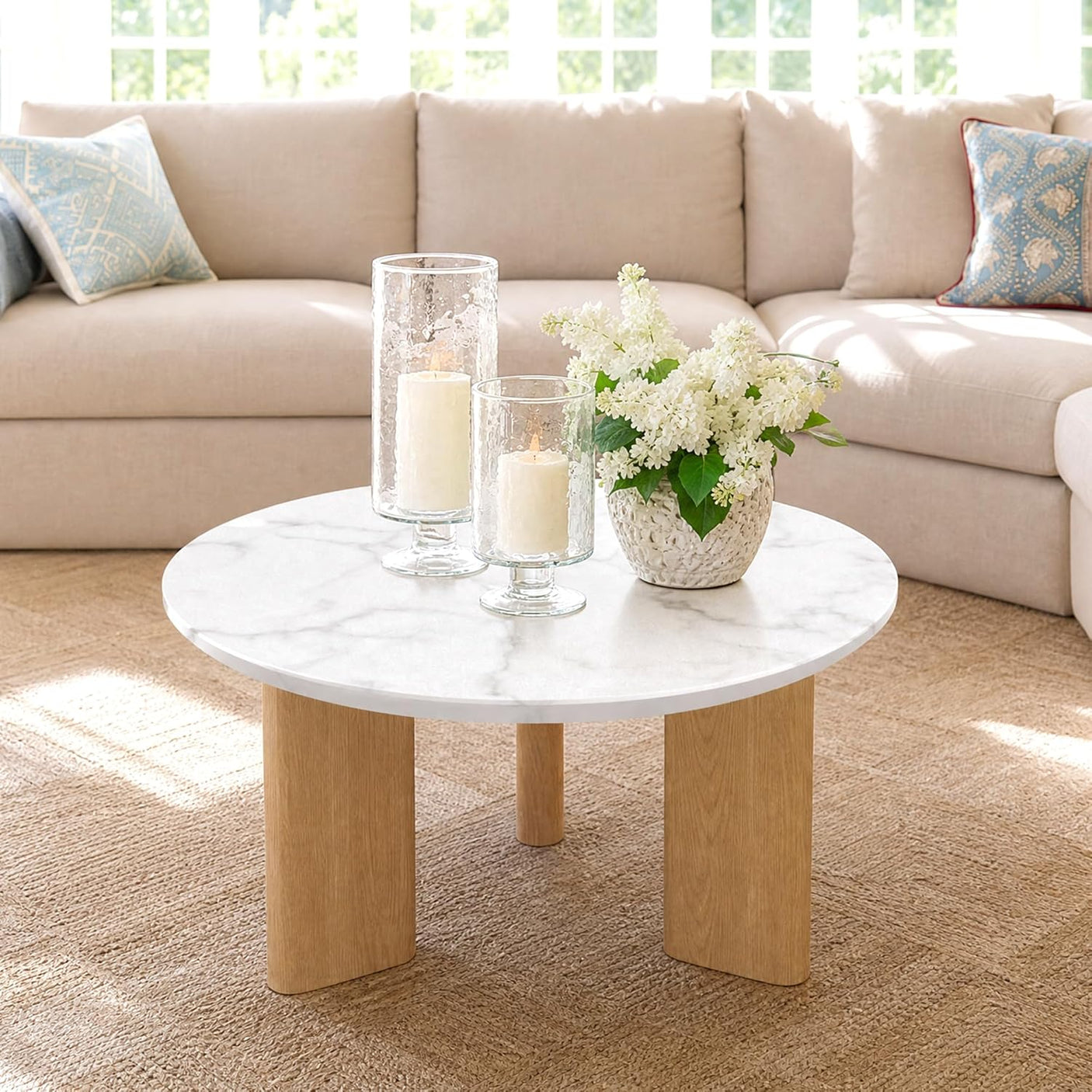 Nesting Coffee Table Set of 2 – Wood Veneer & Faux Marble | Round Mid Century Modern Center Table | Yechen Home