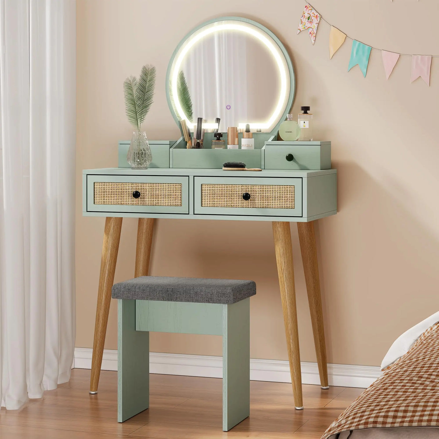 30" Vintage Makeup Vanity Table Set with Flip-Top Mirror & Rattan Drawers, Compact Dressing Table with Padded Stool