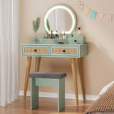 30" Vintage Makeup Vanity Table Set with Flip-Top Mirror & Rattan Drawers, Compact Dressing Table with Padded Stool