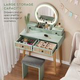 30" Vintage Makeup Vanity Table Set with Flip-Top Mirror & Rattan Drawers, Compact Dressing Table with Padded Stool