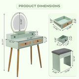30" Vintage Makeup Vanity Table Set with Flip-Top Mirror & Rattan Drawers, Compact Dressing Table with Padded Stool