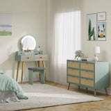 30" Vintage Makeup Vanity Table Set with Flip-Top Mirror & Rattan Drawers, Compact Dressing Table with Padded Stool
