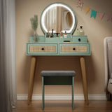 30" Vintage Makeup Vanity Table Set with Flip-Top Mirror & Rattan Drawers, Compact Dressing Table with Padded Stool