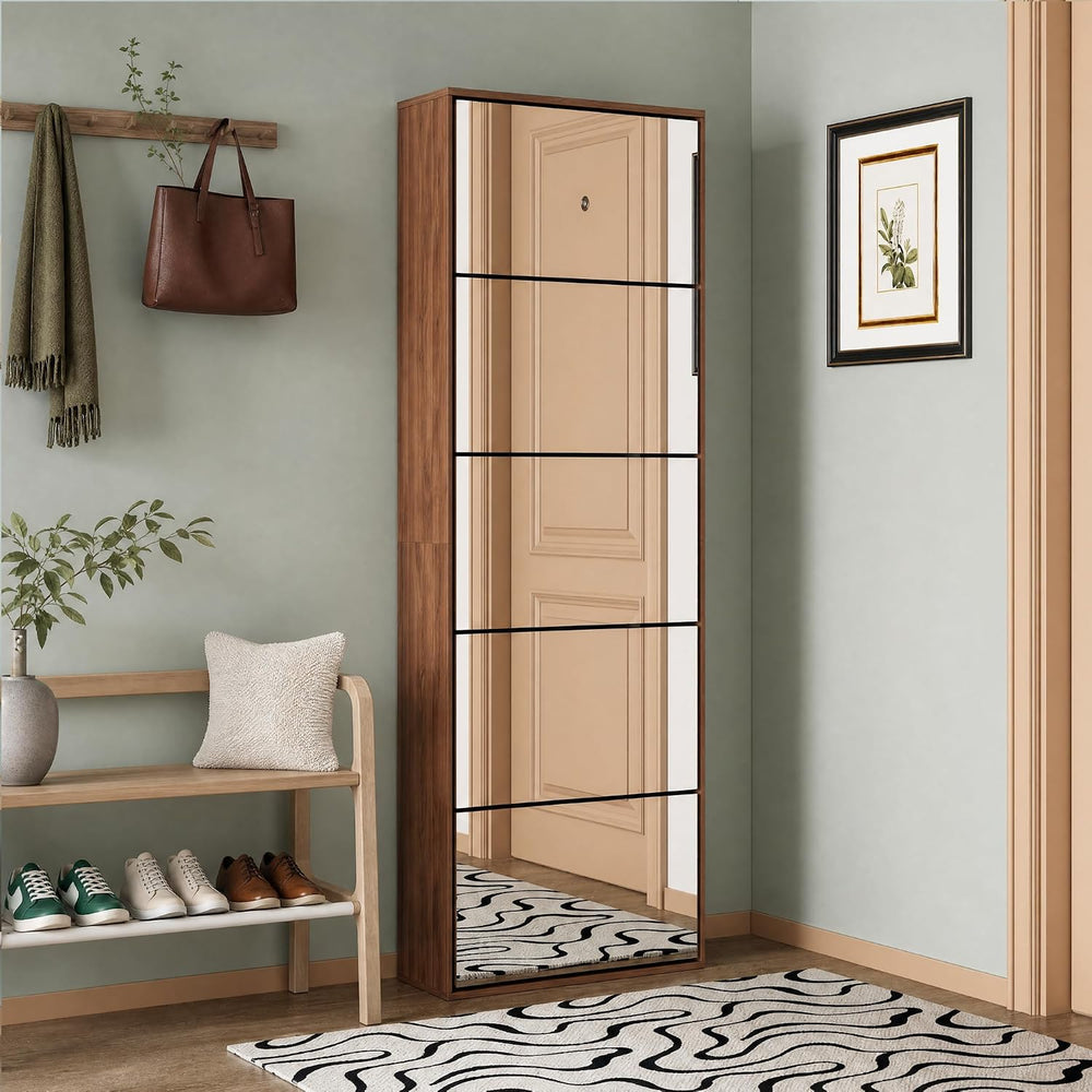 Mirror Shoe Cabinet with 5 Flip Drawers | Full-Length Mirror, Entryway Shoe Organizer – Walnut