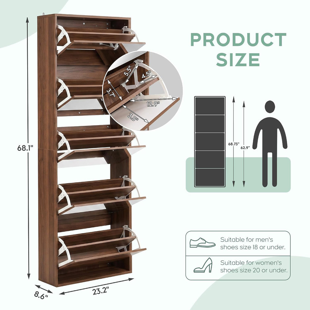 Mirror Shoe Cabinet with 5 Flip Drawers | Full-Length Mirror, Entryway Shoe Organizer – Walnut2