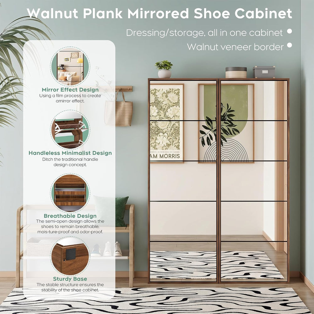 Mirror Shoe Cabinet with 5 Flip Drawers | Full-Length Mirror, Entryway Shoe Organizer – Walnut5