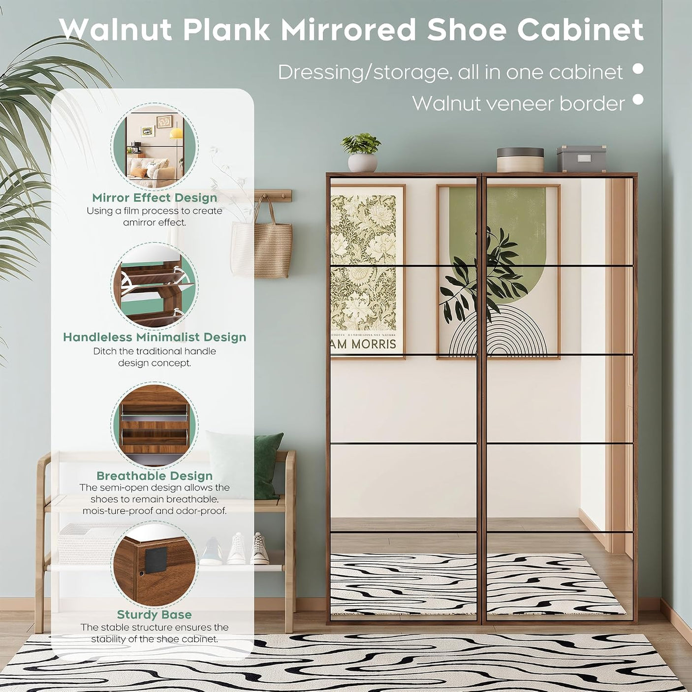 Mirror Shoe Cabinet with 5 Flip Drawers | Full-Length Mirror, Entryway Shoe Organizer – Walnut5
