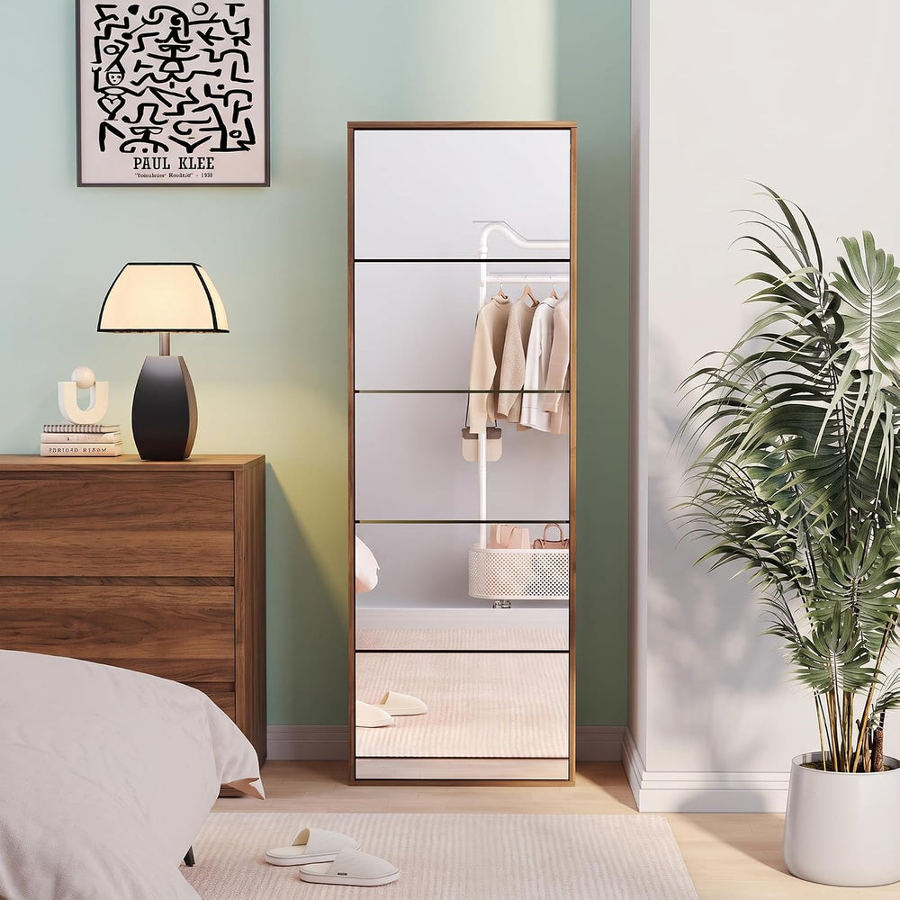 Mirror Shoe Cabinet with 5 Flip Drawers | Full-Length Mirror, Entryway Shoe Organizer – Walnut 7