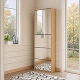 Mirrored Shoe Cabinet with 3 Flip Drawers & Top Storage | Natural Oak