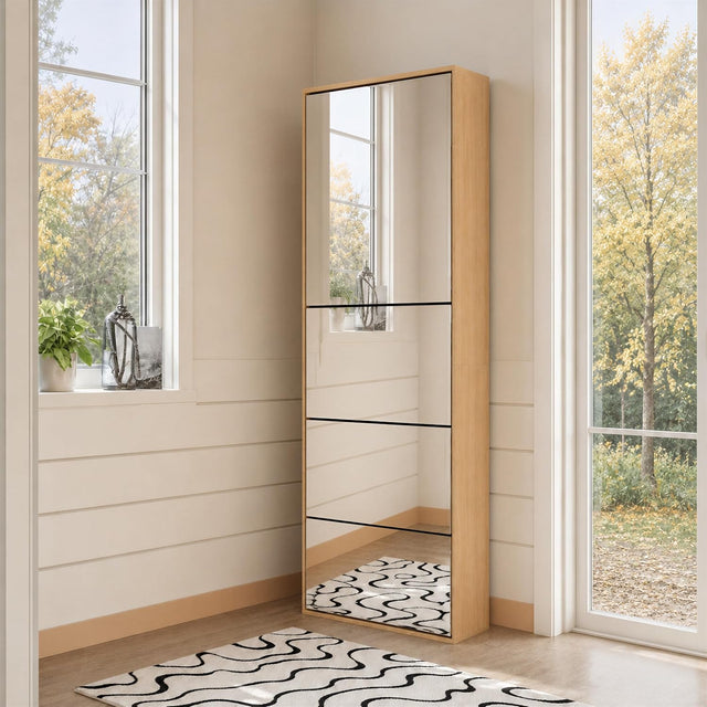 Mirrored Shoe Cabinet with 3 Flip Drawers & Top Storage | Natural Oak