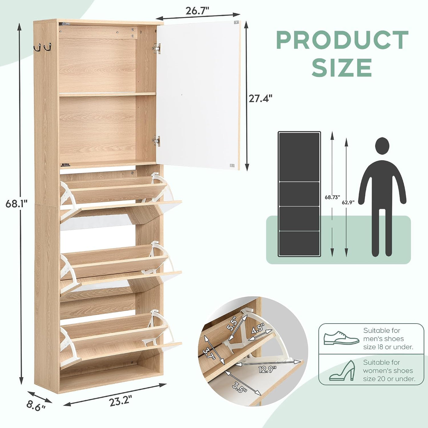 Mirrored Shoe Cabinet with 3 Flip Drawers & Top Storage | Natural Oak 2