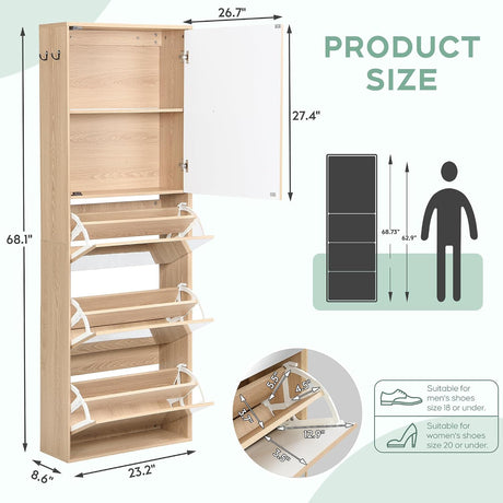 Mirrored Shoe Cabinet with 3 Flip Drawers & Top Storage | Natural Oak 2