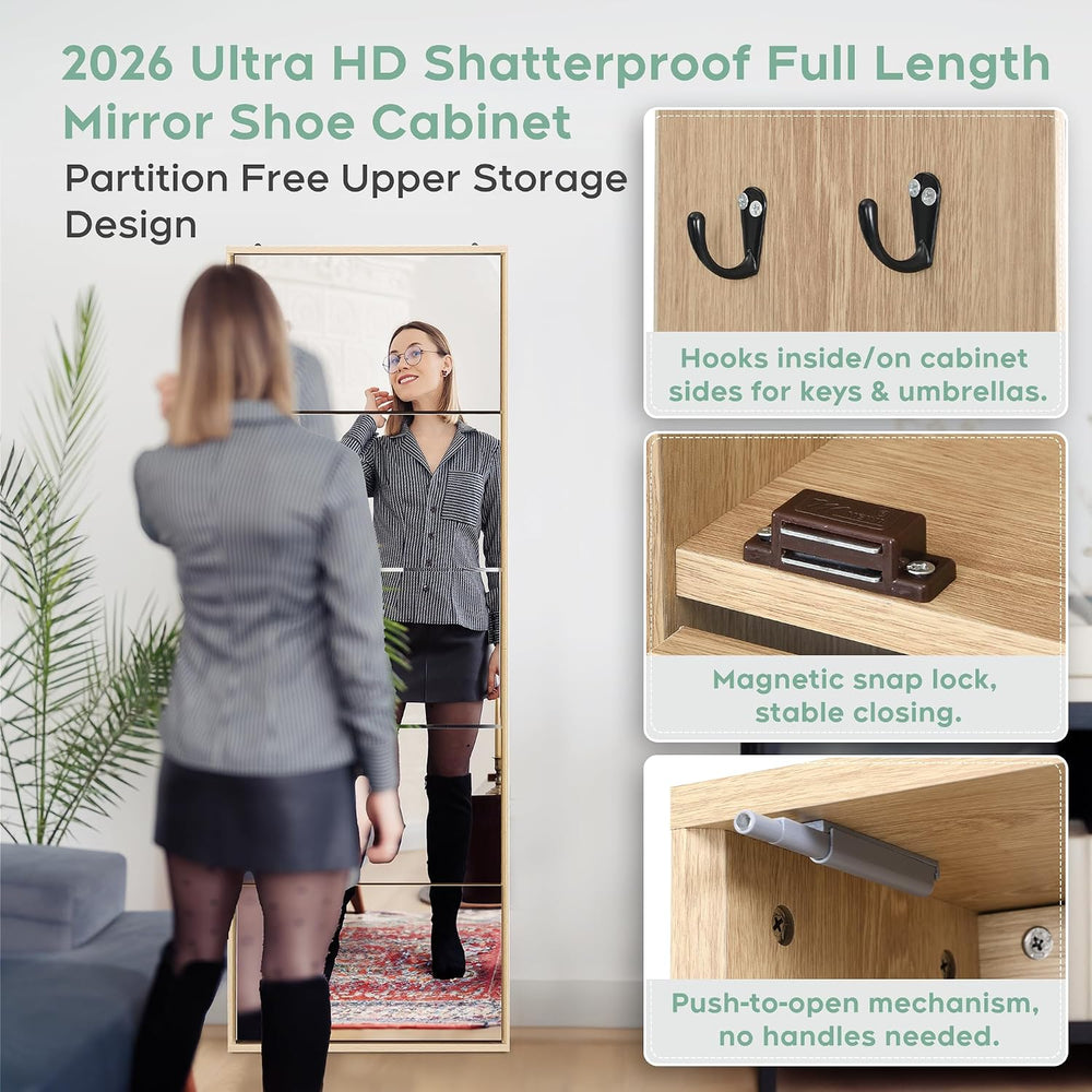 Mirrored Shoe Cabinet with 3 Flip Drawers & Top Storage | Natural Oak 3