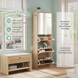 Mirrored Shoe Cabinet with 3 Flip Drawers & Top Storage | Natural Oak 4