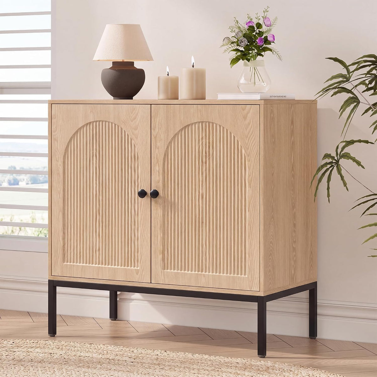 Natural Oak Fluted Sideboard Cabinet – 2-Door Arched Storage