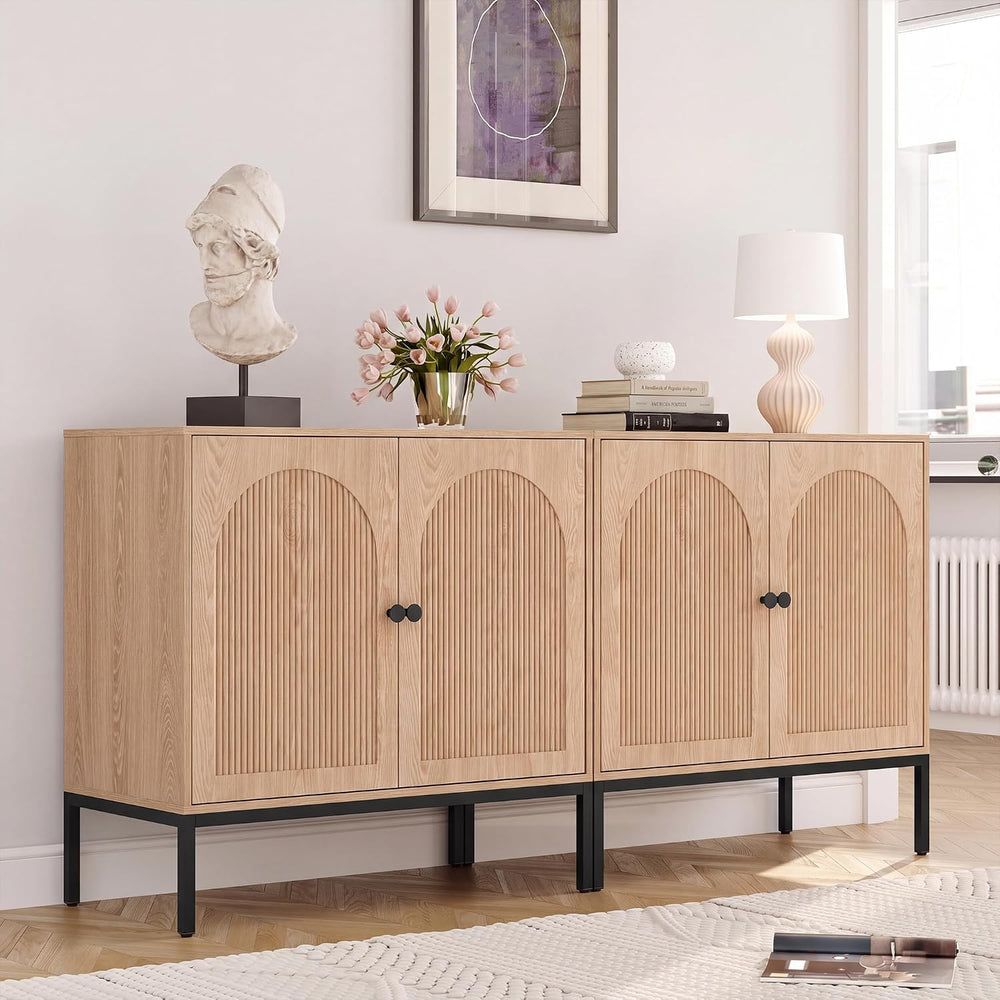 Natural Oak Fluted Sideboard Cabinet – 2-Door Arched Storage
