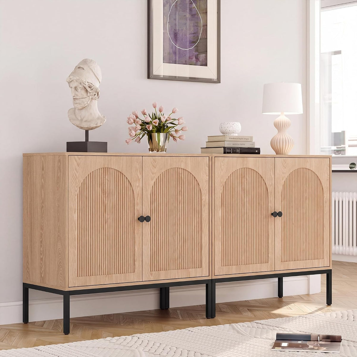 Natural Oak Fluted Sideboard Cabinet – 2-Door Arched Storage