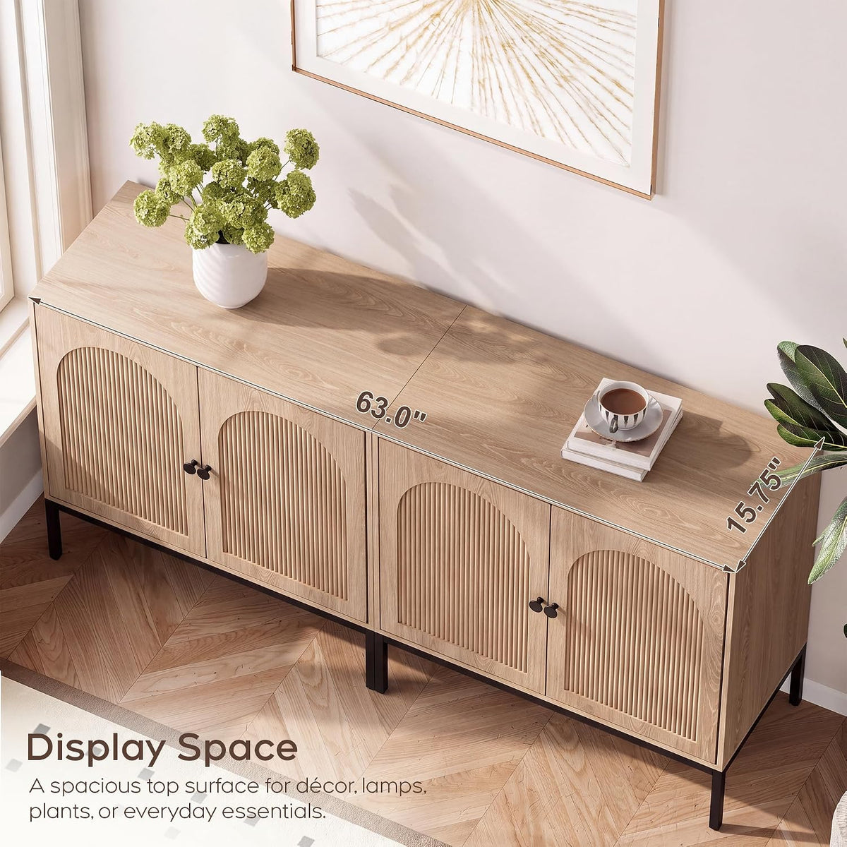 Natural Oak Fluted Sideboard Cabinet – 2-Door Arched Storage