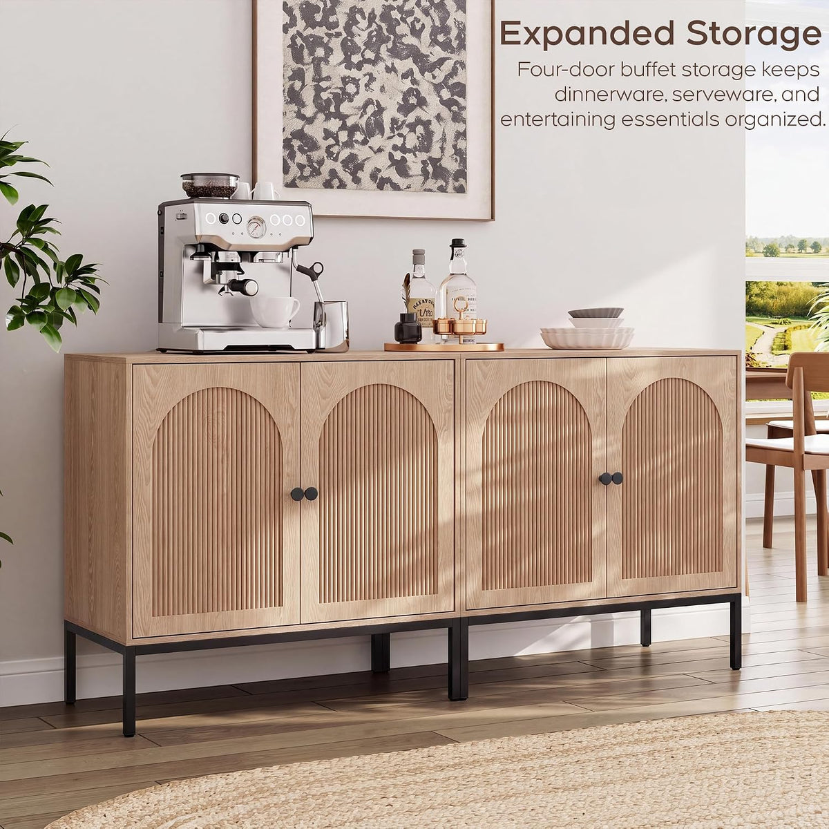 Natural Oak Fluted Sideboard Cabinet – 2-Door Arched Storage