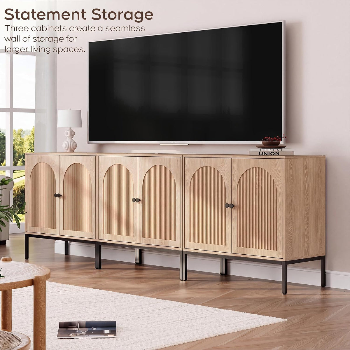 Natural Oak Fluted Sideboard Cabinet – 2-Door Arched Storage