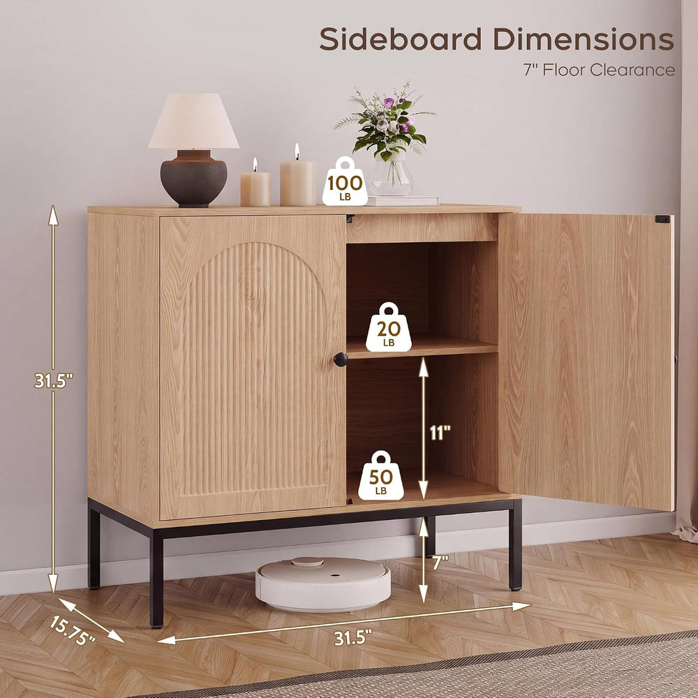 Natural Oak Fluted Sideboard Cabinet – 2-Door Arched Storage