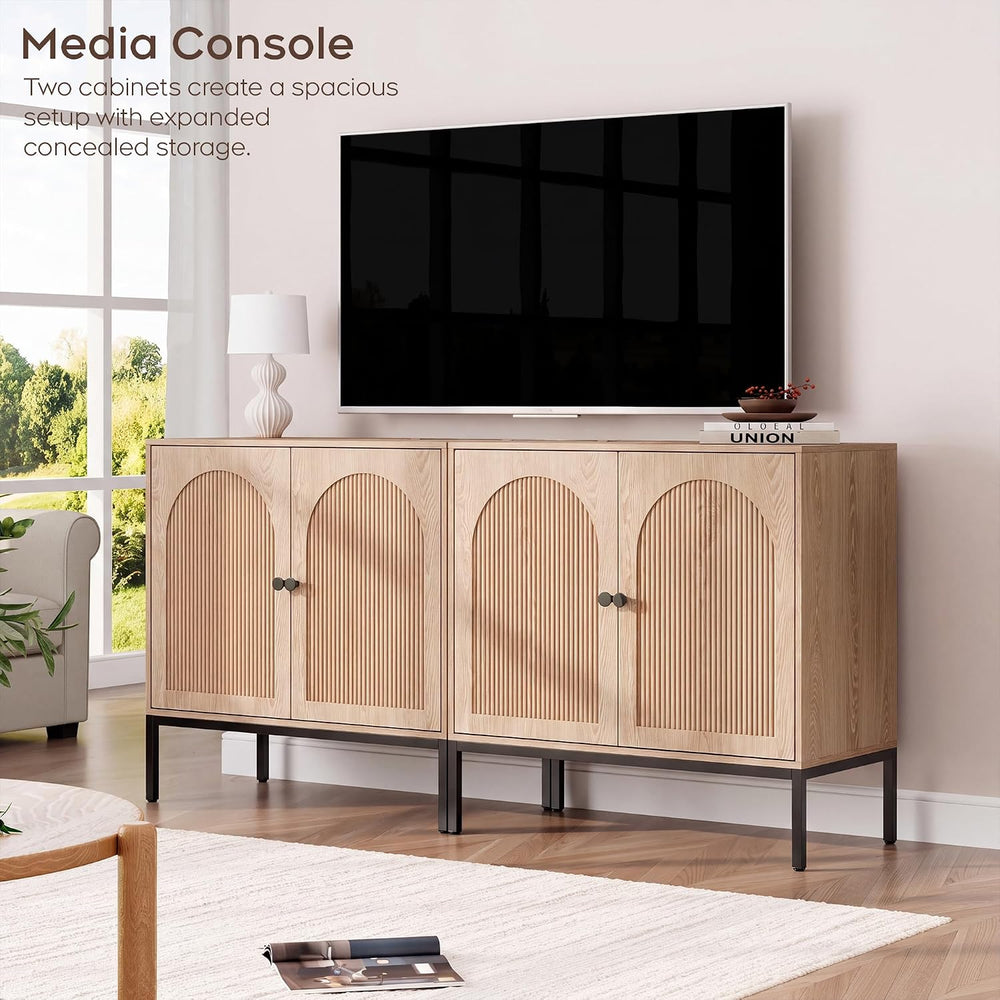Natural Oak Fluted Sideboard Cabinet – 2-Door Arched Storage