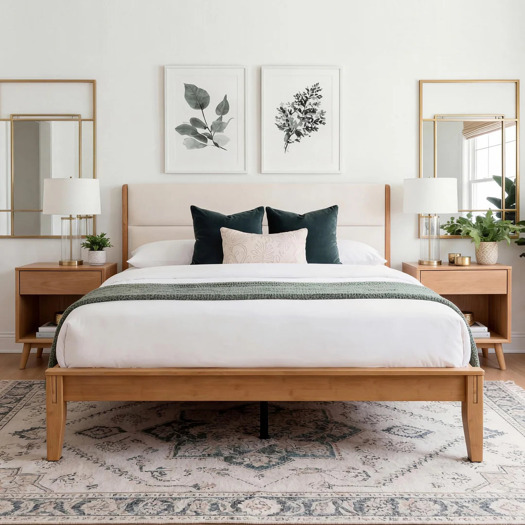 (Pre-Order)Bamboo Queen|King Bed Frame with Upholstered Headboard | Japanese Joinery | Mid-Century Modern | Yechen Home