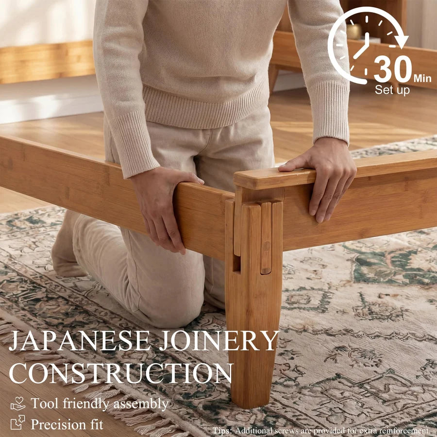 (Pre-Order)Bamboo Queen|King Bed Frame with Upholstered Headboard | Japanese Joinery | Mid-Century Modern | Yechen Home