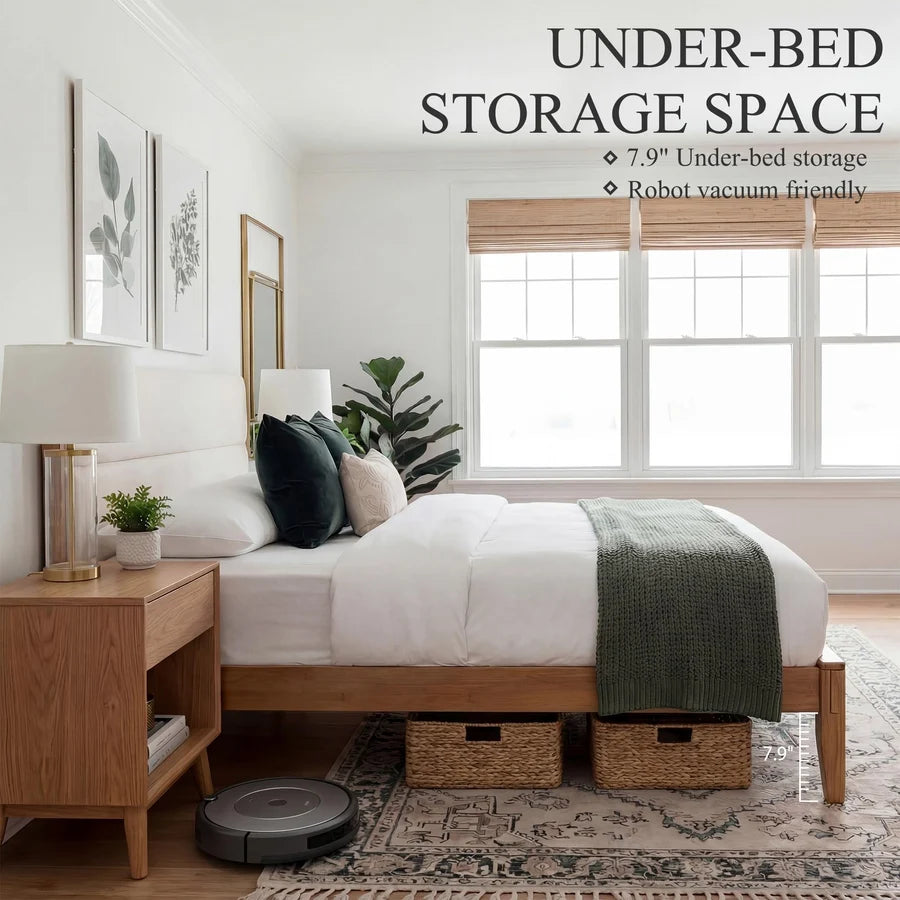 (Pre-Order)Bamboo Queen|King Bed Frame with Upholstered Headboard | Japanese Joinery | Mid-Century Modern | Yechen Home