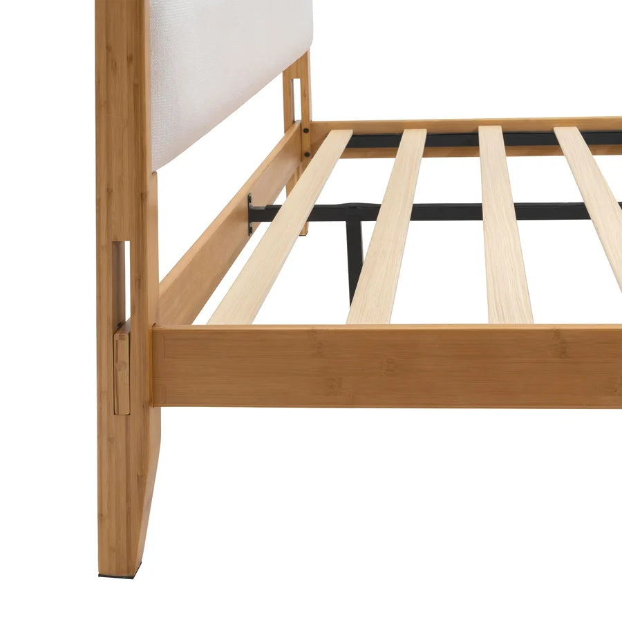 (Pre-Order)Bamboo Queen|King Bed Frame with Upholstered Headboard | Japanese Joinery | Mid-Century Modern | Yechen Home
