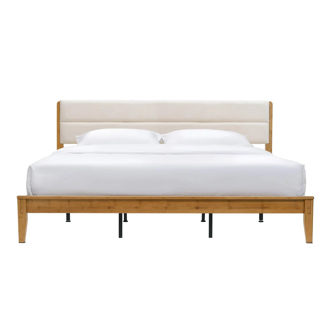 (Pre-Order)Bamboo Queen|King Bed Frame with Upholstered Headboard | Japanese Joinery | Mid-Century Modern | Yechen Home