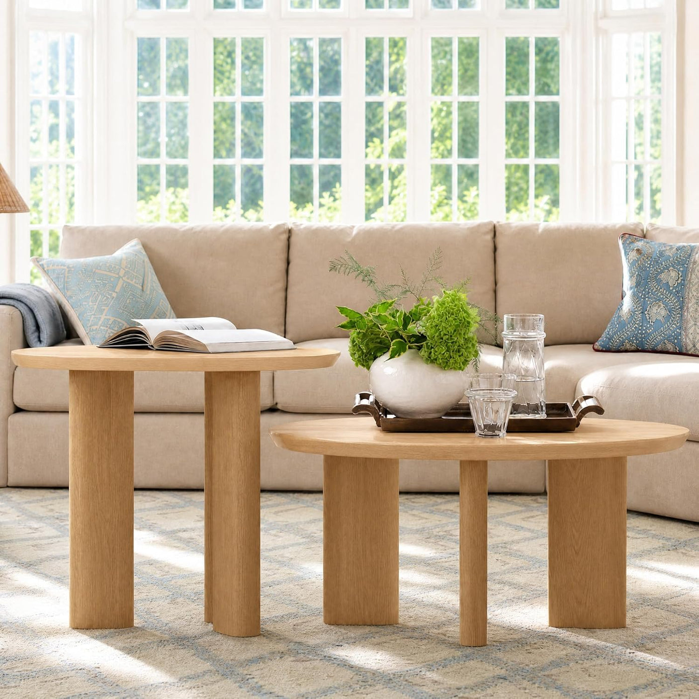 Nesting Coffee Table Set of 2 – Wood Veneer & Faux Marble | Round Mid Century Modern Center Table | Yechen Home