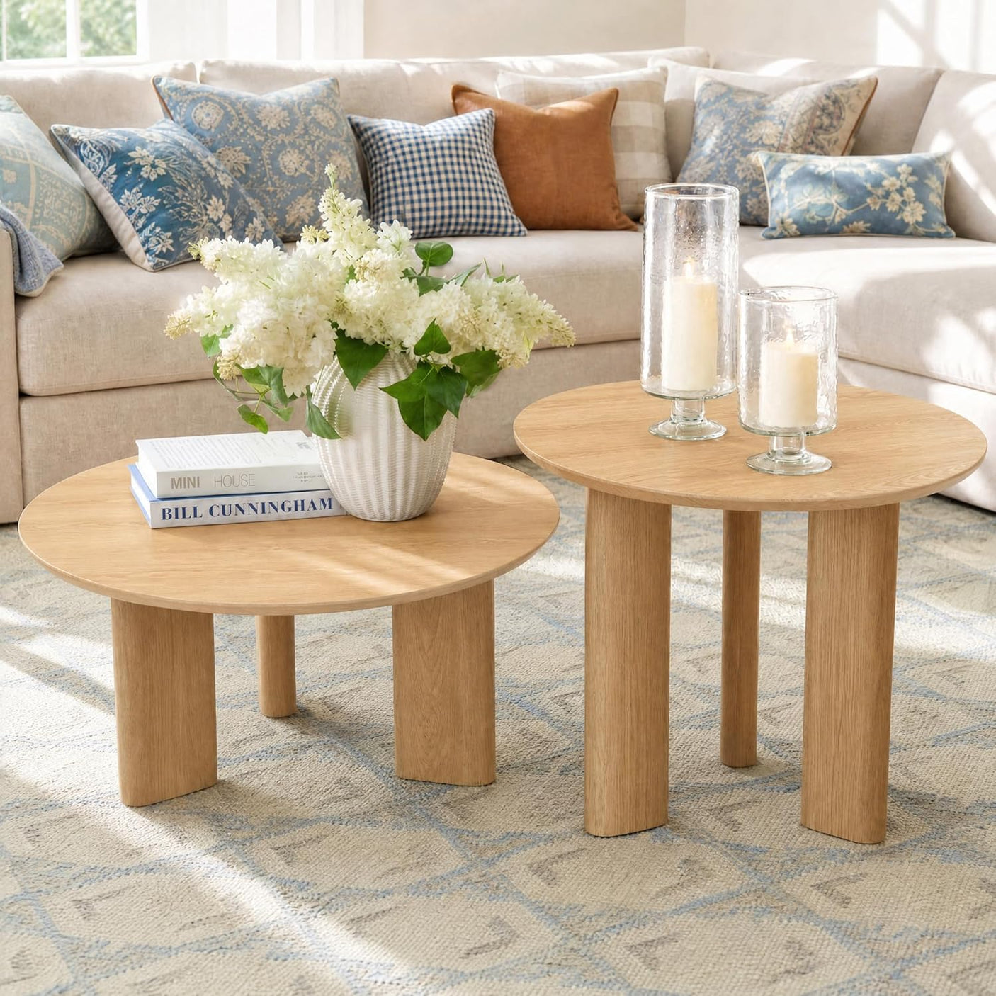 Nesting Coffee Table Set of 2 – Wood Veneer & Faux Marble | Round Mid Century Modern Center Table | Yechen Home