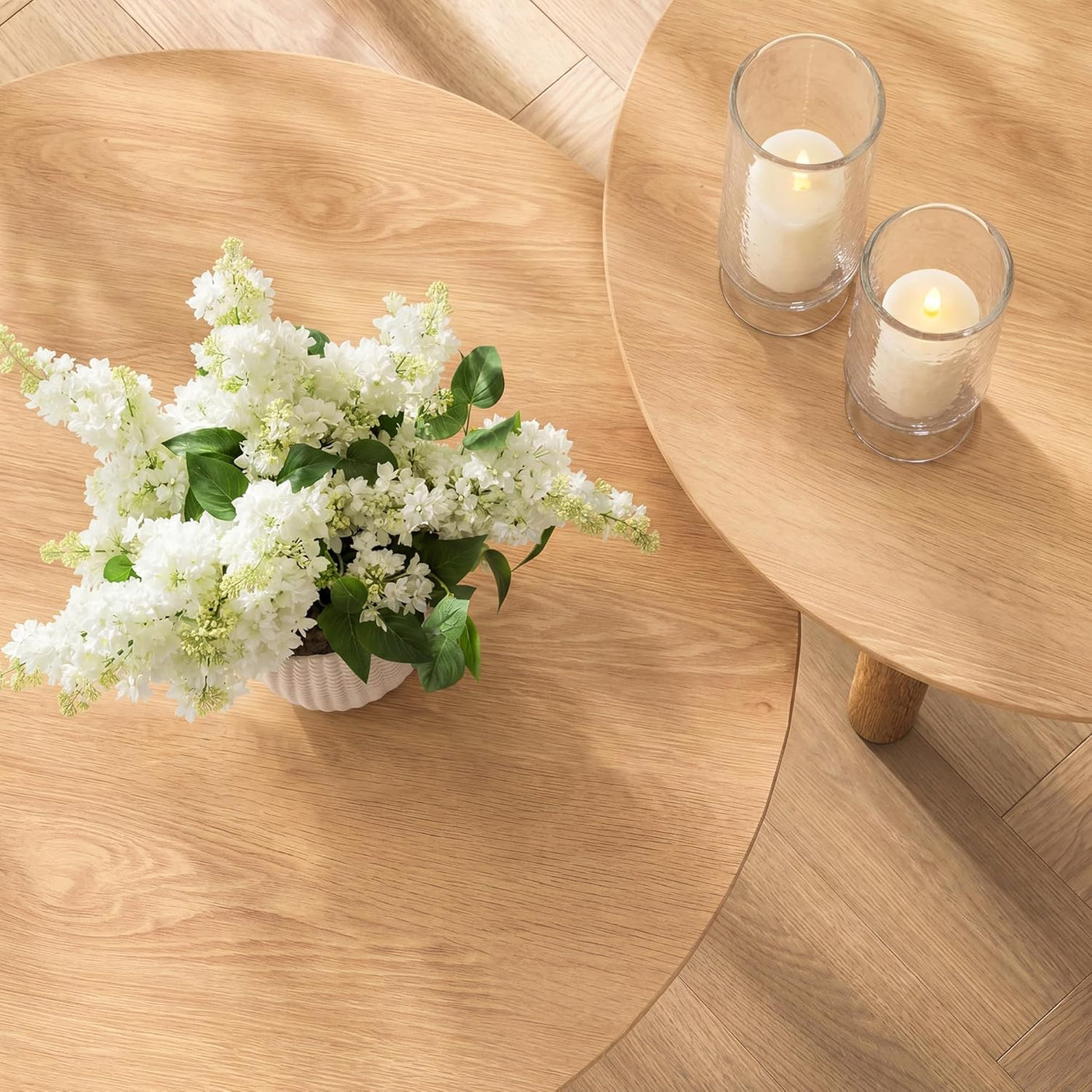 Nesting Coffee Table Set of 2 – Wood Veneer & Faux Marble | Round Mid Century Modern Center Table | Yechen Home