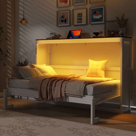 Twin Size Murphy Bed with LED Lights, Foldable Wall Bed Frame