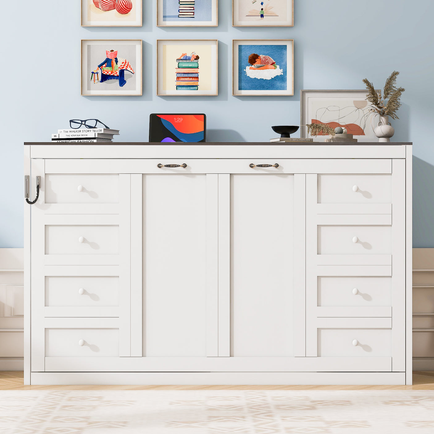 Twin Size Murphy Bed with LED Lights, Foldable Wall Bed Frame