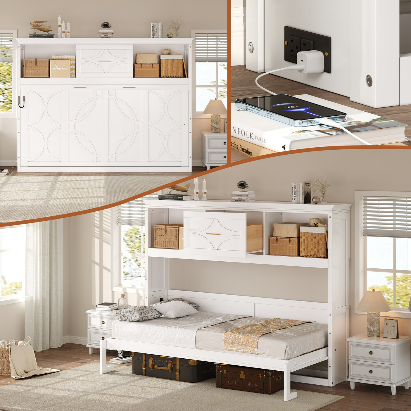 Twin Size Murphy Bed with Charging Station and Drawer