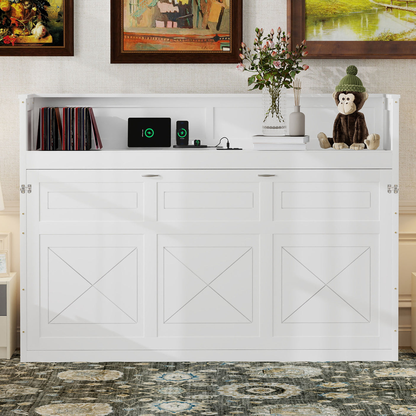 XL Size Murphy Bed with Desk,LED Light and USB Charging Station