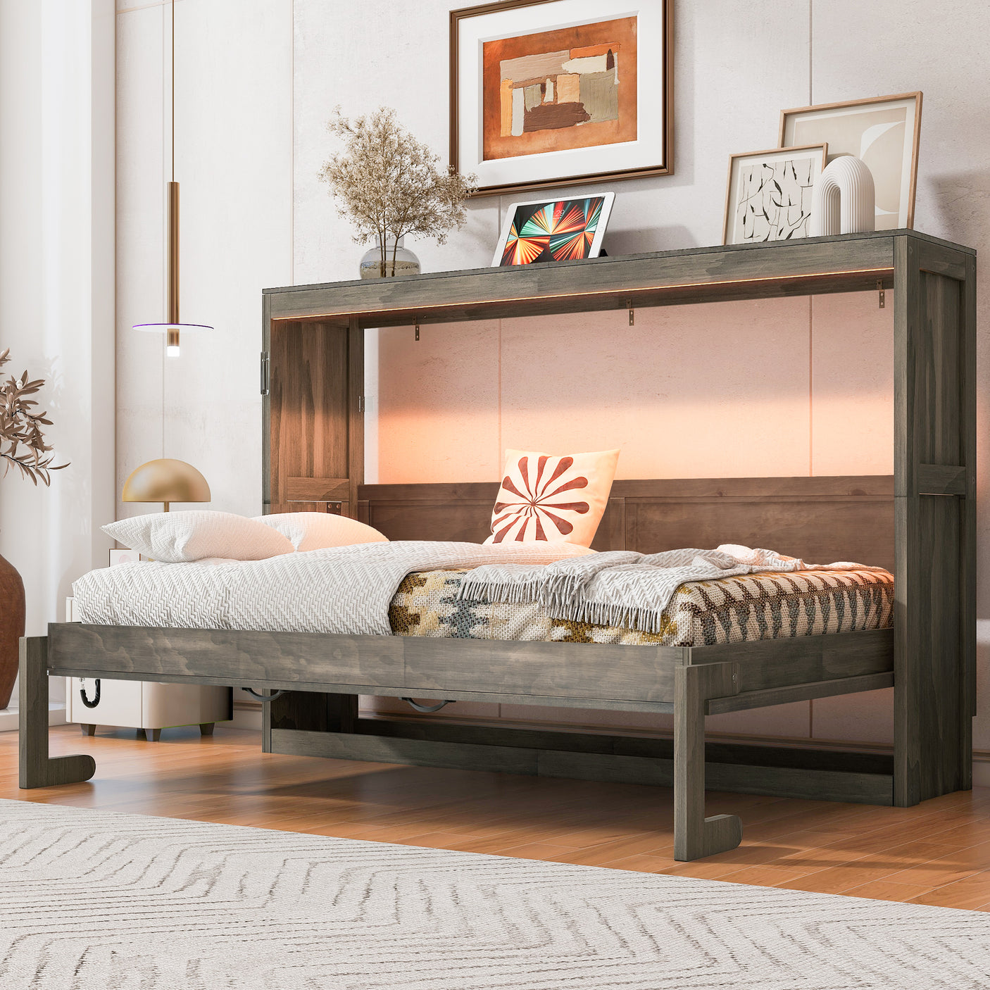 Twin Size Murphy Bed with LED Lights, Foldable Wall Bed Frame